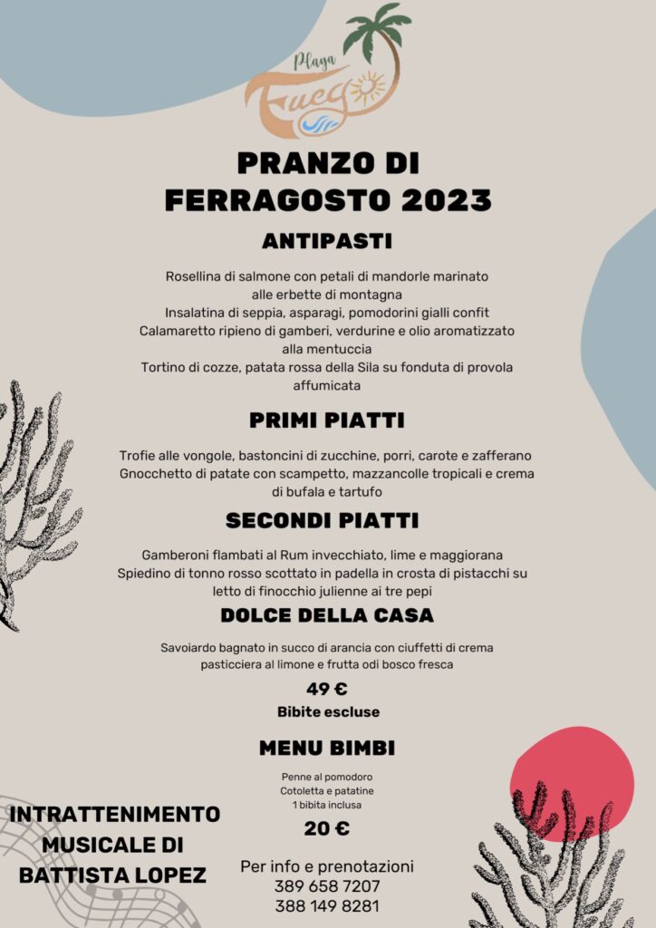 Menu Ferragosto 2023 Badolato, lido Playa Fuego