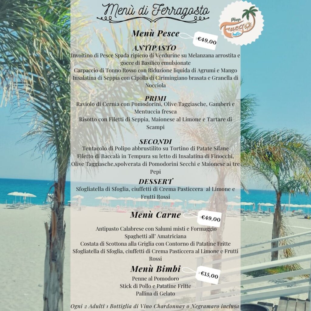 Menu Ferragosto Playa Fuego 2024